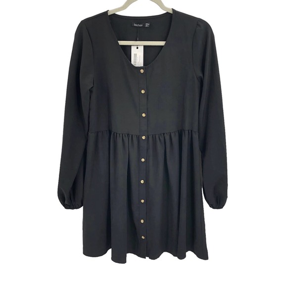Boohoo NEW Womens Size 4 Long Sleeve Smock Flowy Dress in Black Button Through - Picture 6 of 10